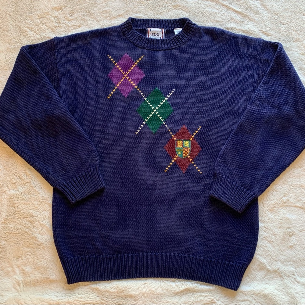VTG London Fog‎ Navy Argyle Crest Crewneck Sweater Cotton Size Large